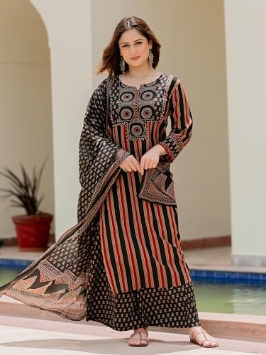 Image of Arayna Women's Pure Cotton Printed Kurta Pant Dupatta Set | Ajrakh-Inspired Ethnic Suit Set | Straight Fit 3-Piece Set for Women