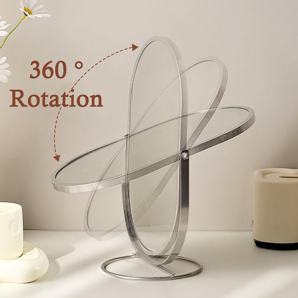 Srebrne owalne lusterko kosmetyczne z żelazną ramą, obracane o 360°, lusterko do makijażu do sypialni, biura, komody, na biurko, dekoracja i niezbędne akcesoria kosmetyczne