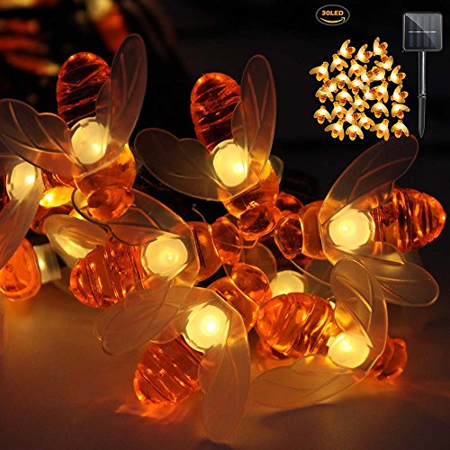 iMazer Bee Lights, Bumble Bee Decorations Solar String Lights 30 LED Honey Bee Shaped Fairy Light for Outdoor Garden Flower Fence Tree Face Decor, Warm White LD010