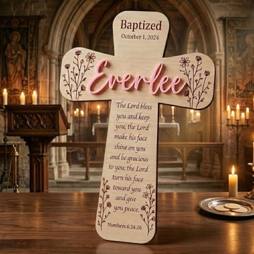 Image of Daty Custom Baby Baptism Gifts for Girls or Boys, Personalized Wooden Cross Wall Decor, Christening Gift, Religious Nursery Decor, Gift from Godparents1