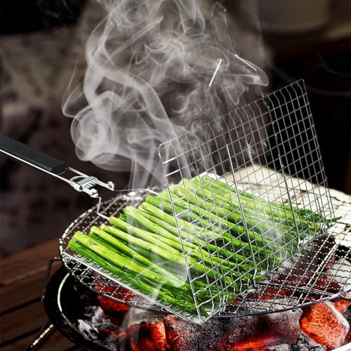 Grill Basket - BBQ Grilling Basket | Stainless Steel Camping Cooking Grill Accessories | Outdoor Grilling Basket | Stainless Steel Folding Grilling Tools With Handle For Fish Steak Shrimp Cooking