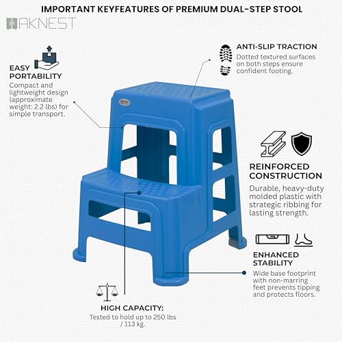 Image of Oaknest Supreme Multipurpose Plastic 2-Step Stool for Kids & Adults - Anti-Slip Lightweight Stepping Stool for Kitchen, Bathroom & Home - French Blue, 1 Piece