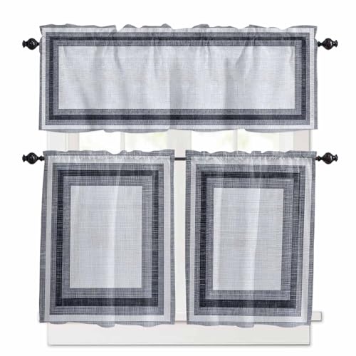 Gray Boho Kitchen Curtains 36 Inch Length,3 Piece Rod Pocket Small Half Tiers and Valance Set,Vintage Country Chic Shabby Ombre Geometric Small Large Window Treatment Decor for Bedroom/Bathroom Sink