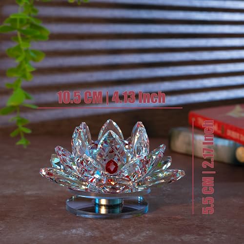 Image of Feng Shui Crystal Lotus Flower Showpiece & Paperweight | Vastu Decor for Home & Office | Desk Decoration | Fengshui Items for Positive Energy, Wealth & Gifting | Red (Medium-10.5 x 5.5 CM)