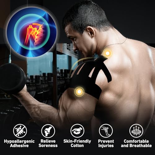 Image of Kinesiology Tape for Shoulder Precut, 24 PCS Shoulder Tape for Pain Relief, KTQUICK Original Cotton Waterproof & Breathable, Enhance Elastic Sports Tape for Pain Support and Muscle Sports, Black