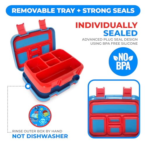 Image of kinsho Bento Lunch Box for Kids Toddlers Boys, 5 Portion Sections Secure Lid, Microwave Safe BPA Free Removable Tray, Pre-School Kid Daycare Lunches Snack Container Ages 3 to 5, Blue Pirates