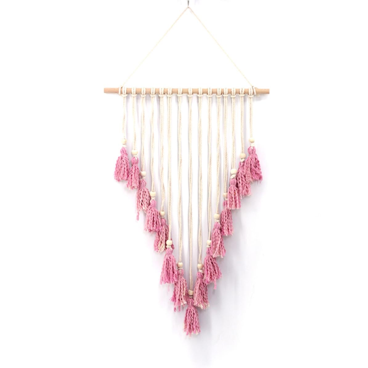 Tapiz de pared de macramé beige y rosa, decoración boho chic para dormitorio 8