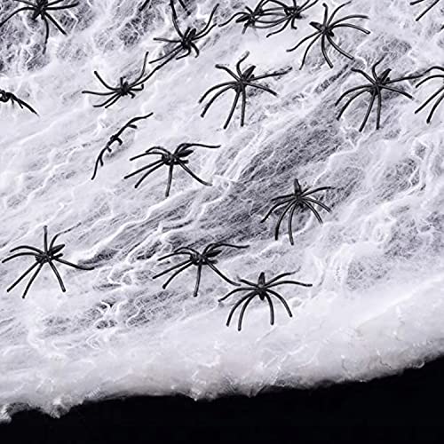 Jonami Decoração de Halloween tecido, 100 g teia de aranha elástica 30 peças aranhas de plástico assustador para interiores, decoração de Halloween de festa em casa.