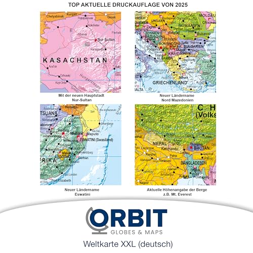 ORBIT Globes & Maps - Weltkarte XXL - Top-Aktuell 2025, deutsch, 136 x 96 cm, Maßstab 1:30 Mio mit seidenmattem Schutzlack inkl. Flaggenleiste