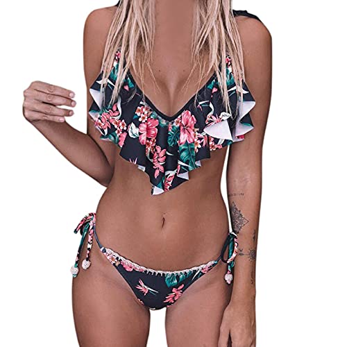 Conjunto de Bikini Traje de Baño Mujer Sexy Bañador Estampado de Flores Top con Volantes Braga Talle Alto para Dos Piezas Ropa de Playa Sujetador Acolchado Braga con Tiras Laterales Cover
