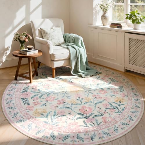 Lahome Pink Floral 6 ft Round Rug, Soft Cozy Circle Rug for Tween Girls Bedroom Decor, Machine Washable Nursery Carpet with Non-Slip Backing for Retreat or Reading Nook