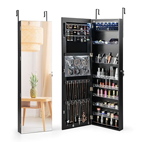 Goflame Mirror Jewelry Cabinet, Jewelry Armoire Organizer With Full-Length Mirror, Led Lights, Storage Bag, Shelves, Wall/Door Mounted Lockable Jewelry Armoire Cabinet For Living Room Bedroom (Black) #TOP25