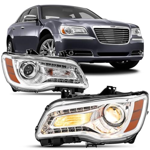 Reinko For 2011-2023 Chrysler 300/300C Headlight Assembly Halogen Chrome w/Amber Headlamp Replacement Pair set For 11-23 Chrysler 300/300C