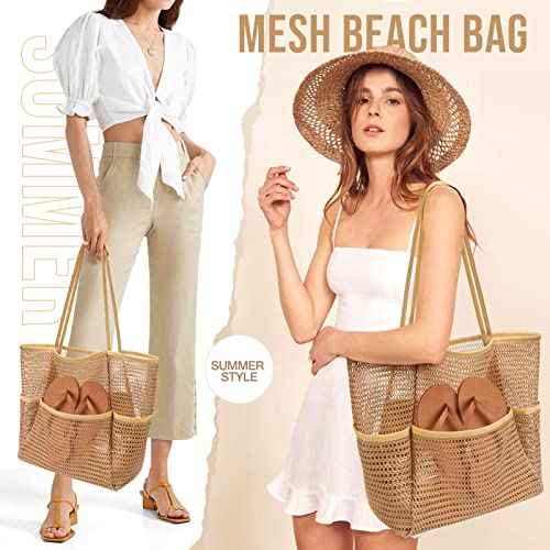 Image of KPX Beach Bag with Mini Pocket, Beach Tote Bags for Women Large Foldable Mesh Swimming Pool Travel Bags - Sandproof