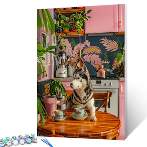 Aihonmin Husky Sit Near Table Paint by Numbers Kits Children,Botanical Paint by Numbers Bohemia Painting Art Craft Painting Colorful Canvas for Home Decor Without Framed 16''W x 20''H