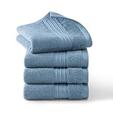 Town & Country Everyday 4-Piece Solid Dobby Border Washcloth Set, 13x13-Inch, 100% Cotton, Plush & Absorbent 650GSM, Blue