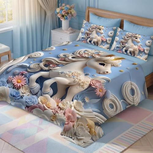 Image of 7D Fairy Tale Unicorn Horse Collection King Bedsheet 108x108 inch with 2 Pillow Covers | Good Stitching, Soft Fabric & Vibrant 7D Digital Print for Kids & Couples (Blue)