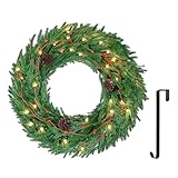 ELYKEN 22'' Christmas Wreath with 30 LED Lights for Front Door, Xmas Wreath with Hanger, Pre-Lit Artificial Wreath Christmas Decorations with Red Berry Pine Cone for Indoor Outdoor Use