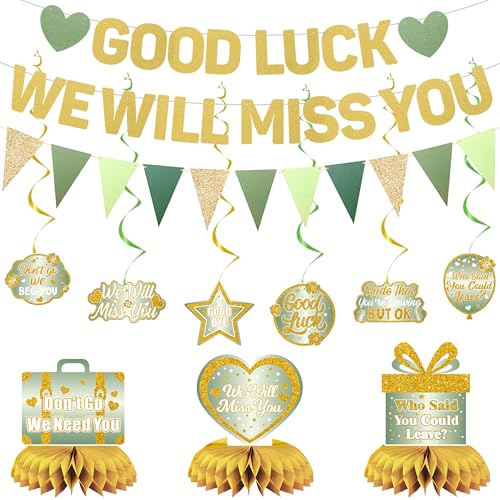 Roetyce Farewell Party Decorations Green Good Luck We Will Miss You Banner Hanging Swirls Centerpieces for Men Women Going Away Retirement Goodbye Party Supplies Coworker Leaving Photo Backdrop
