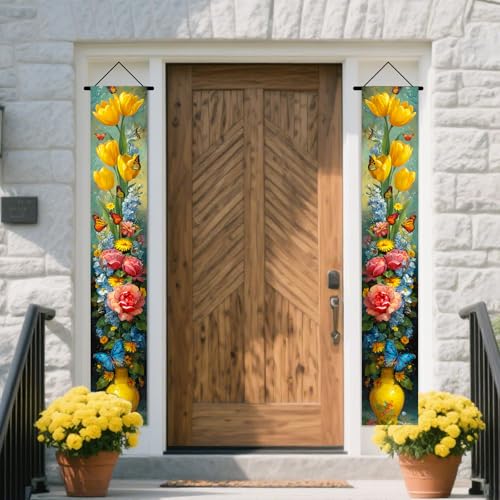 Image of Nuxovilar Floral Butterfly Tulip Rose Door Banner Polyester 70x12 In