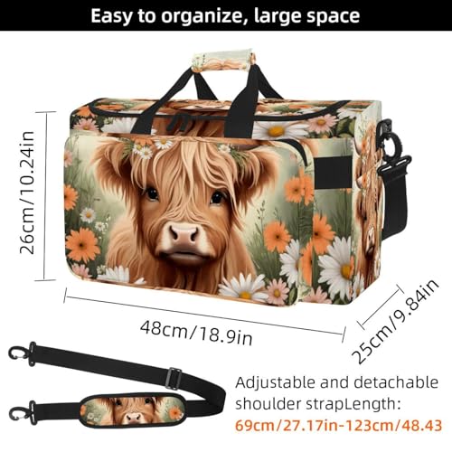 Travel Duffel Bags for Men and Women, Waterproof Weekender Overnight Gym Bags, Highland Cow Daisies4