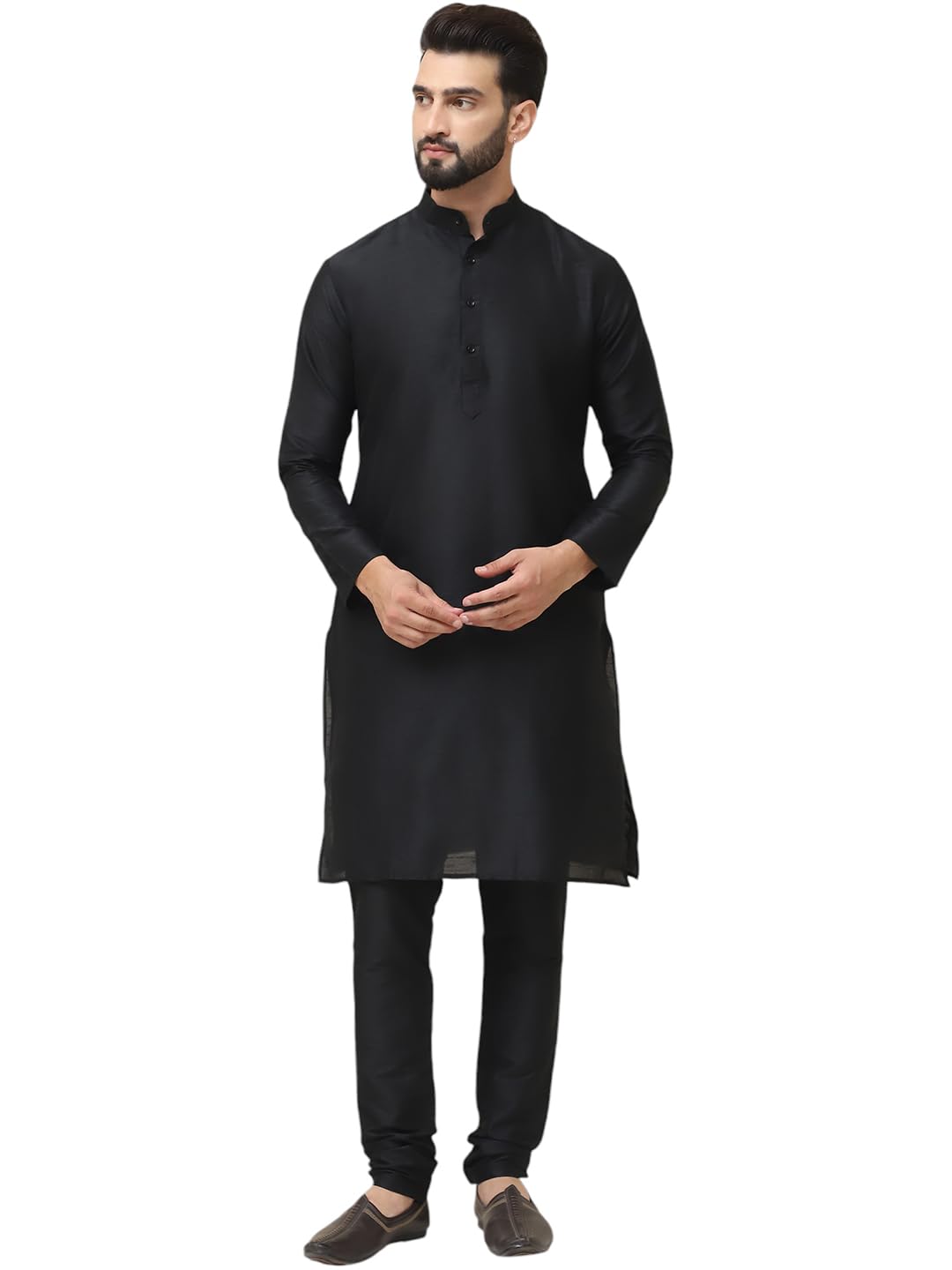 Sojanya (Since 1958 Men's Black Dupion Silk Kurta & Churidaar Pyjama