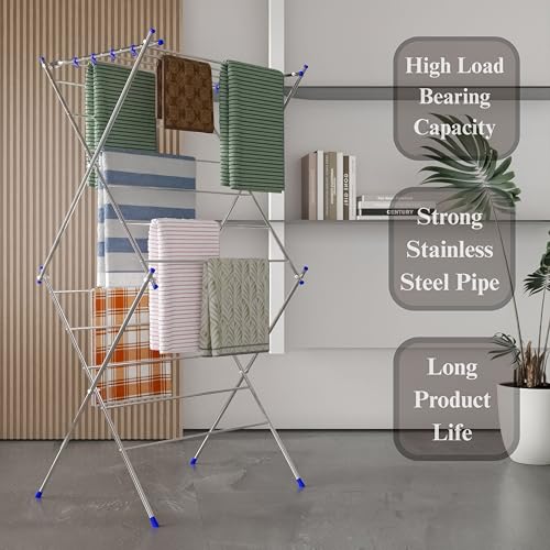 Image of Foldable Clothes Drying Stand | 3 Layer 16 Rod Stainless Steel Laundry Rack with 8 Hooks | Heavy Duty Indoor & Outdoor Cloth Dryer for Balcony, Home & Laundry Room - Blue