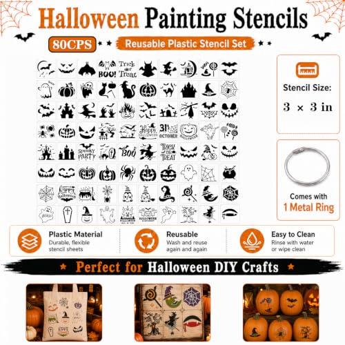 80PCS 3 Inch Halloween Stencils for Painting and Crafts, Reusable PET Templates with Pumpkin Faces, Ghosts, Witches, Bats and Spider Webs for Wood Signs, Canvas, Cards and DIY Halloween Decorations - image 6