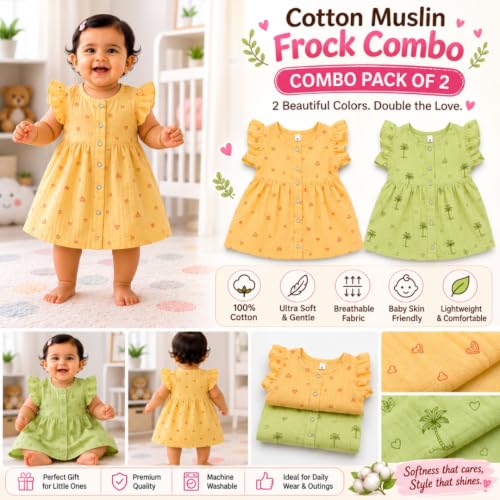 Image of Lilimi Toddler Baby Girl Cotton Muslin Dress, Breathable Flutter Sleeve Button-Front Cute Frocks