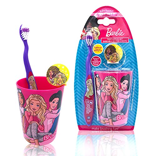 Barbie Premium Kids Friendly Designed Happy Brushing Time Soft Bristle Toothbrush Kit - Manual Toothbrush, Cover Cap, Rinsing Cup - Perfect Gifts for Kids Girls