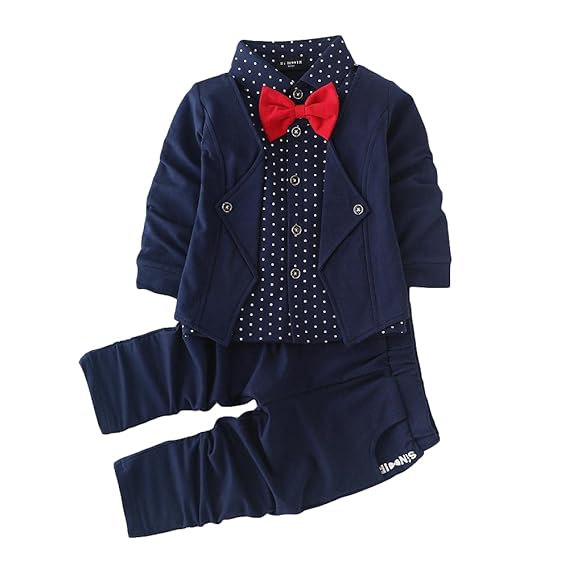 Hopscotch Boys Cotton Blazer Style Formal Shirt and Pant Set with Bow in Navy Colour