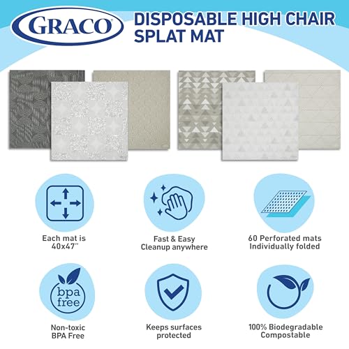 Image of Graco Baby Disposable Splat Mats - 60 Count (6 Designs, 10 of Each), 47 inch x 40 inch, Biodegradable Floor Protector for Mealtime, Under High Chair, Home & Restaurant Use