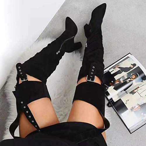 DETOGNI Women's Fashion Over The Knee Belted Pointed Toe Long Boots Sexy Buckle Strap Side Zipper Block Heels ​Thigh High Boots4