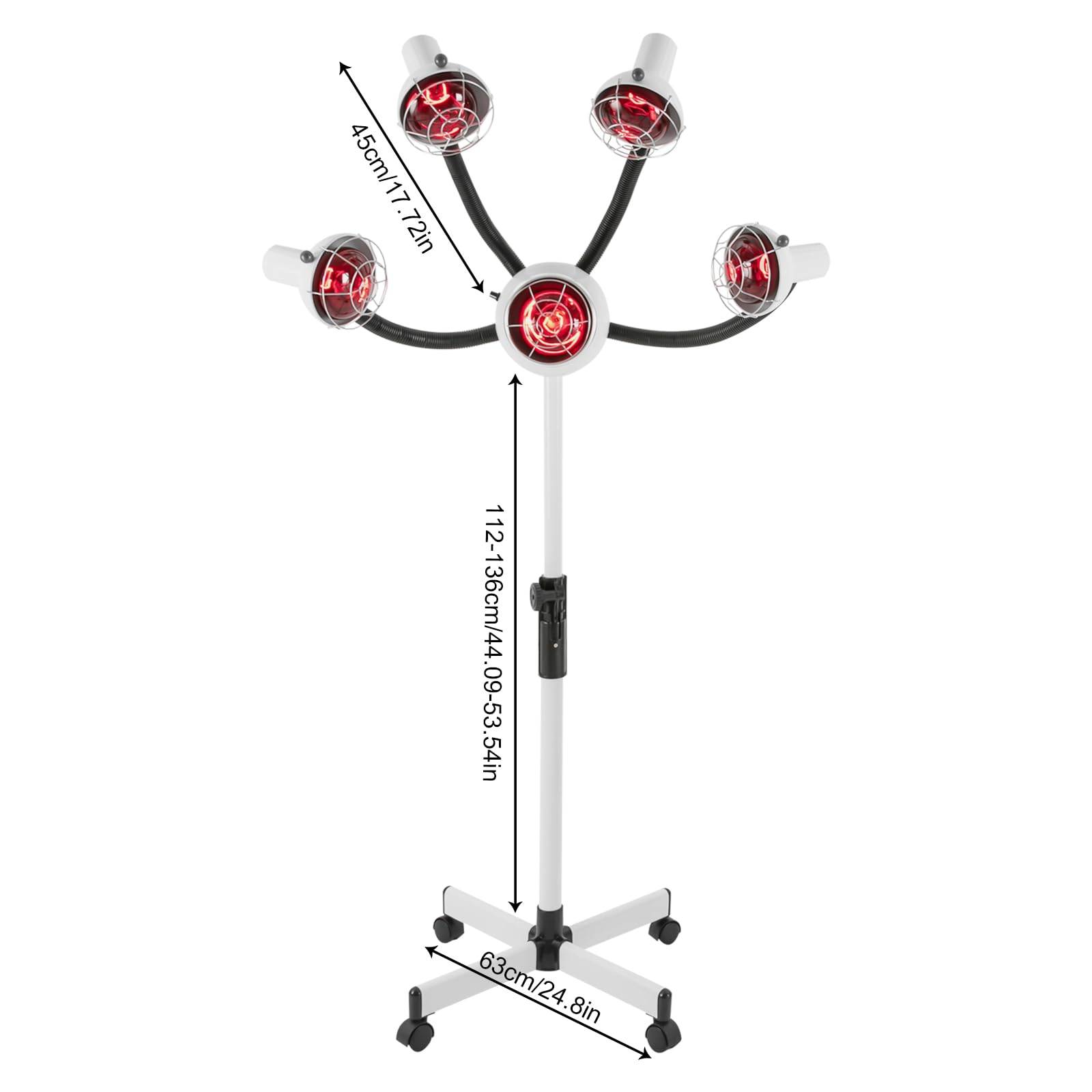 5 cabezas infrarrojos peluquería lámpara calefactora altura ajustable soporte 112 – 136 cm con 4 ruedas 750 W regulación de temperatura 40 – 80 °C blanco para peluquería profesional