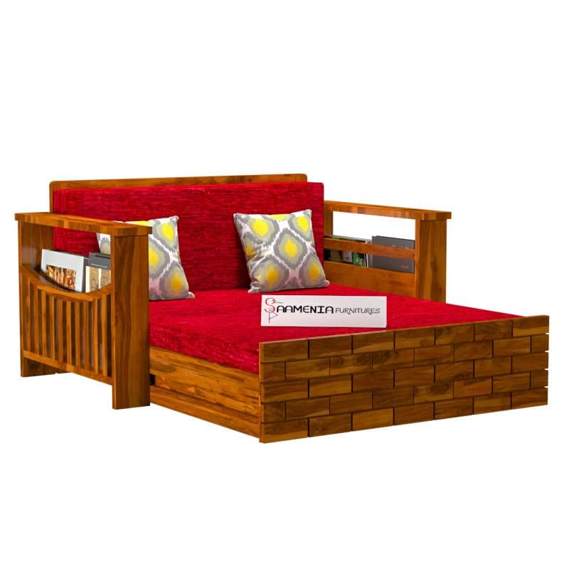 Image of Mamta Furniture Solid Sheesham Wooden 2 Seater Sofa Cum Bed with Storage for Living Room Furniture - Honey Finish
