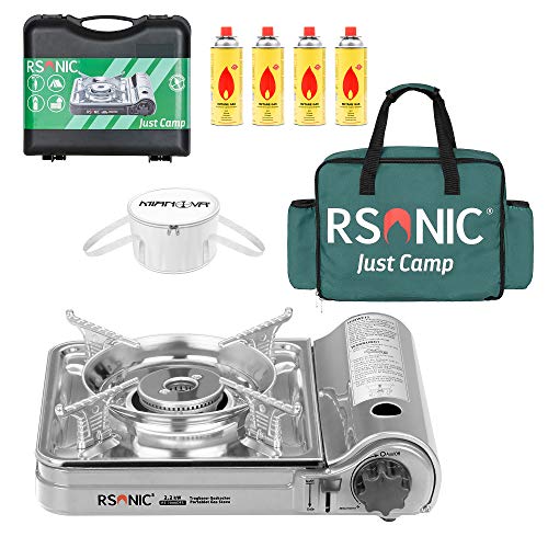 RS-7000DFS Campingkocher Ultra Slim Gaskocher BBQ Anzünder Grill Kühltasche Gaskartuschen Gas Kocher Herd Set Grillplatte Gasflaschen Koffer