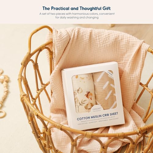 Image of GRSSDER 100% Cotton Muslin Crib Sheet 2 Pack - Breathable & Ultra-Soft Fitted Crib Sheets for Standard Baby & Toddler Mattresses, 52 inchx28 inch with 9 inch Deep Pocket, Snug Fit All-Around Elastic