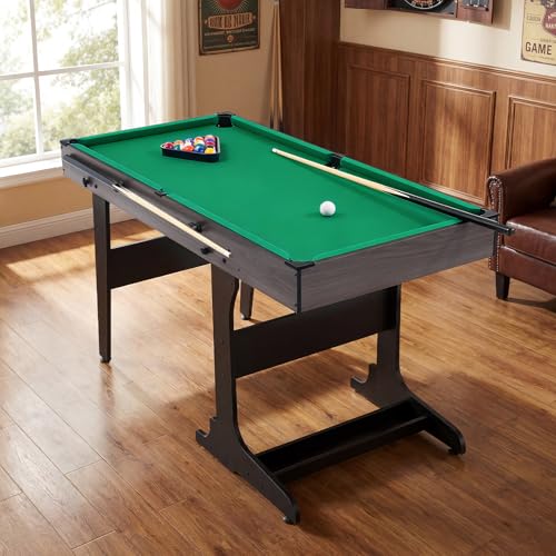 Image of 53 inch Folding Pool Table with Ball Storage and Cue Clips for Adults | Freestanding Billiard Game Set, Space-Saving Foldable Design for Kids Game Room, Includes Cues, Balls, Chalk and Brush