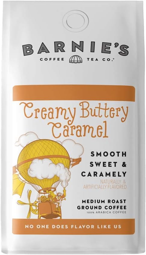 Barnie's Creamy Buttery Caramel Ground Coffee with Smooth and Sweet Caramel Flavor, Medium Roasted Arabica Coffee Beans, Gluten and Nut Free, 12 oz Bag