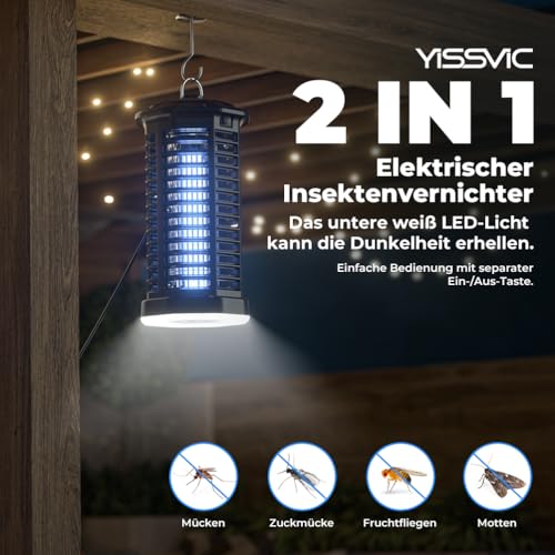 YISSVIC Elektrischer Insektenvernichter 4200V Mückenfalle 15W mit UV-Licht und LED-Beleuchtung Wasserdicht IPX4 geeignet für außen und innen