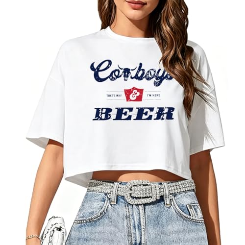 Western Cowboy Shirts Vintage Graphic Tees for Women Cowgirl Crop Top Retro Country Music Concert Rodeo Tshirt C-White