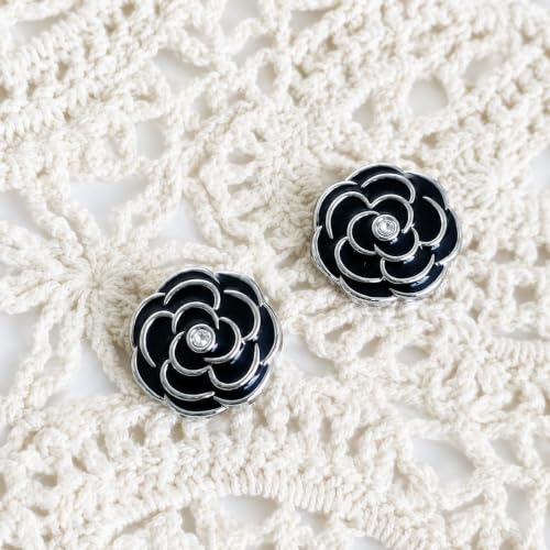 Image of Pack of 6 Resin Rose Flower Buttons Diameter 20 L Shank Button for Sewing On Blazer Jacket and Art and Craft| Beautiful Black Rose with Silver Edges and Rhinestone in Centre