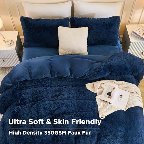 Andency Fluffy Navy Blue Comforter Set Full Size, 3 Pieces Winter Faux Fur Warm Soft Fuzzy Plush Bedding Comforter Set (1 Velvet Comforter & 2 Pillowcases), Thick Heavy Comfy Comforters Bedding Set