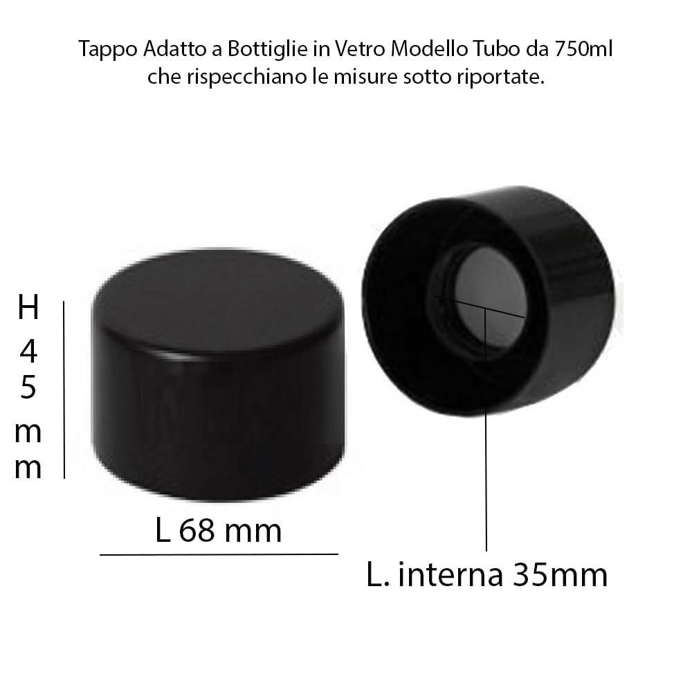 Tappo a Vite da 35, Confezione da 6 Tappi per Bottiglia MOD Tubo da 50cl e 75cl. PPV35 Nero