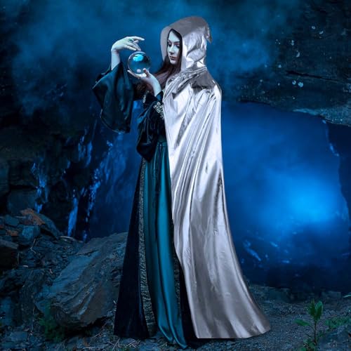 Aomig Silber Umhang Vampir Umhang Jedi Mantel Mittelalter Umhang mit Kapuze Erwachsene Unisex Scream Kinder Cape Kostüm Damen Halloween Costume Maskerade Familienfeier Herren Karneval Cosplay-150cm