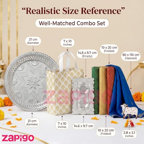 Image of Habba Traditional Return Gift Combo with Blouse Piece, Cow Kumkum, Silver Kumkum Box, Silver Plate & Laminated Bag for Women, Haldi Kumkum & Tambulam Gifts, Diwali, Navratri, Weddings - Pack of 1 Set