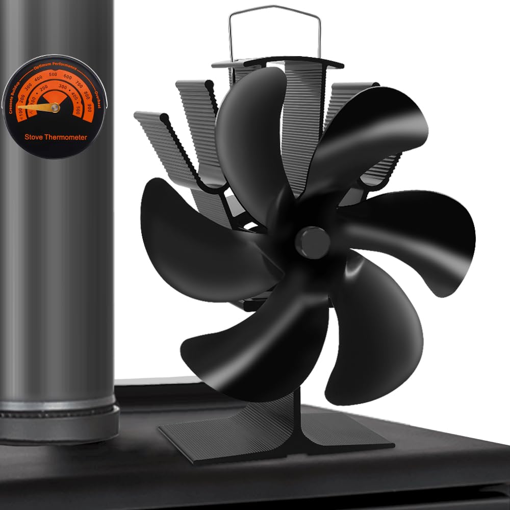 Ventilateur de Poêle à Bois 6 Pales - Alimenté par la Chaleur, Circulation Écologique pour Bûches/Cheminée - Thermomètre Inclus