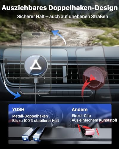 YOSH für MagSafe Autohalterung mit Ladefunktion, [verlängerter Metall-Doppelhaken & N56 Magnete], 15W Schnellladen, magnetische Handyhalterung Auto für MagSafe, für iPhone 12-17 Samsung & Pixel