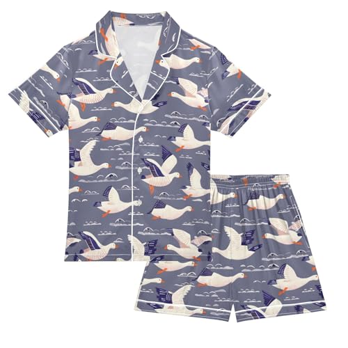ALAZA Goose Ocean Vintage Satin Pajamas Set Short Sleeve Button Down Sleepwear Summer Pjs 2 Piece