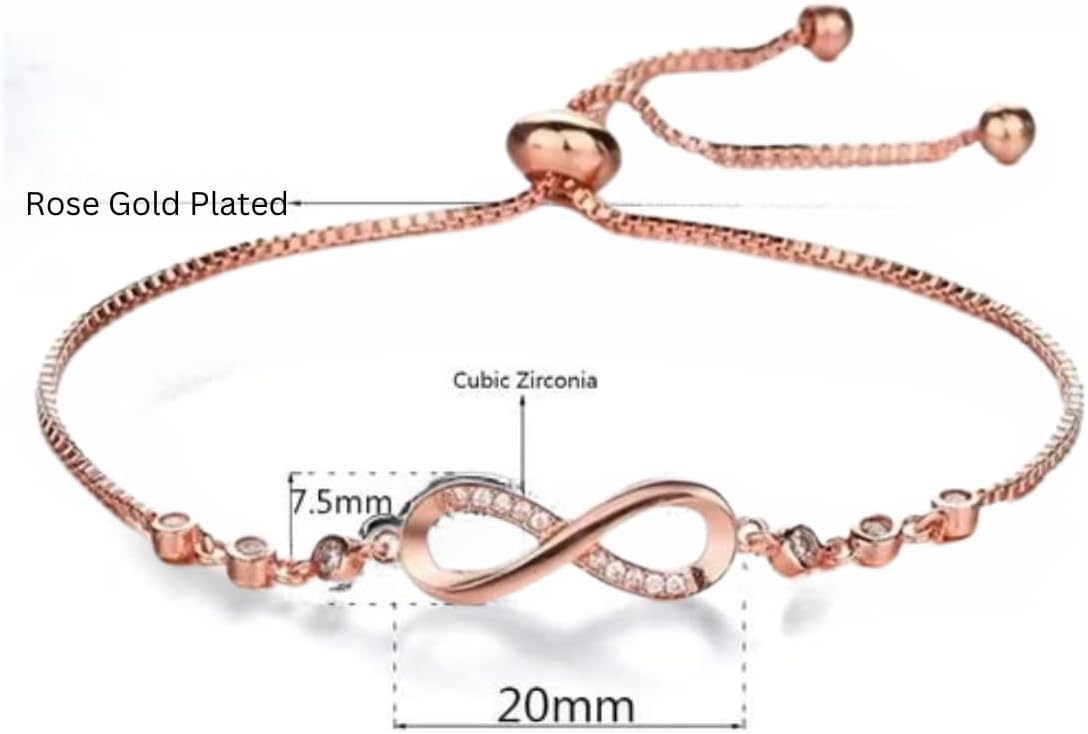 Nilu's Collection Infinity Shape Cubic Zirconia Diamond Bracelet for Women, Jewelry for Gift, Adjustable Charm Bracelet (Rose Gold Necklace + Bracelet) - Image 4